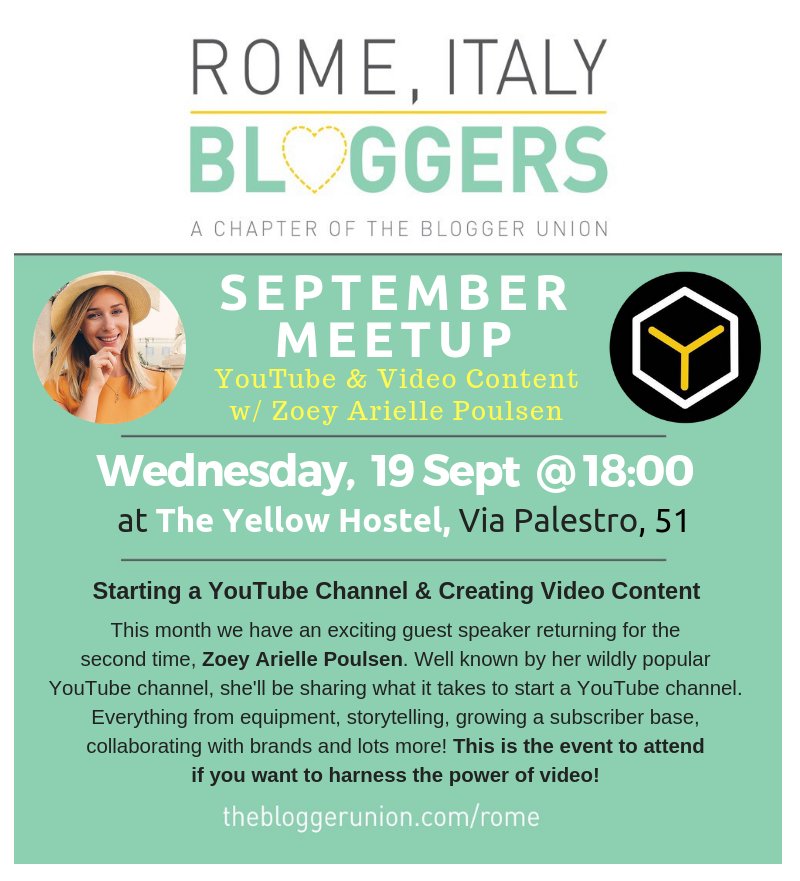 romebloggers's tweet photo. Join us for our #Rome Meetup tomorrow at 6pm for a talk by @ZoeyArielle on "Starting a YouTube Channel &amp; Creating Video Content" - we're excited! 👏🇮🇹

👉 RSVP on Evenbrite, and we'll see you tomorrow!
https://t.co/K7erEjiyFE https://t.co/aQpbwQQC8H