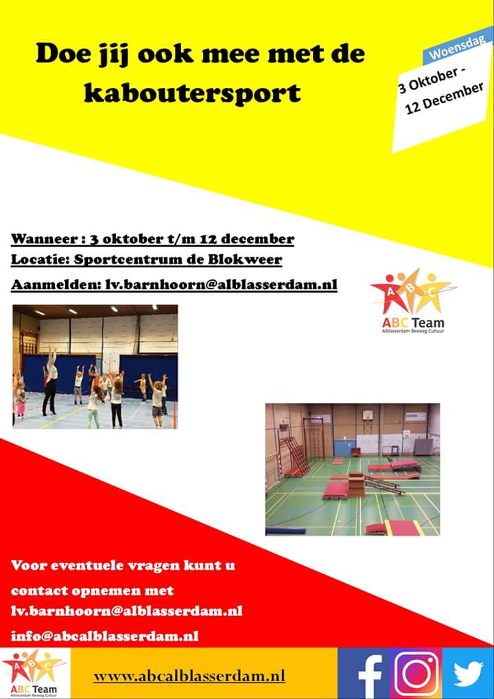 Je kan je weer inschrijven voor kaboutersport. Wil je je kind kennis laten maken met verschillende sporten en verenigingen binnen alblasserdam, mail dan naar Laurens!