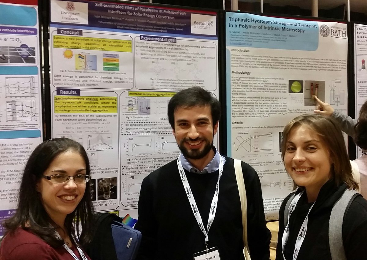 M_D_Scanlon's tweet image. Well done to @BernalNews and @ChemicalSciUL PhD students Ivan Robayo Molina &amp;amp; Kamil Cywinski on presenting their @ERC_Research funded research using #electrified #softinterfaces for #solarenergy conversion with posters at the @RSCElectrochem 2018 conference in @LancUniChem.