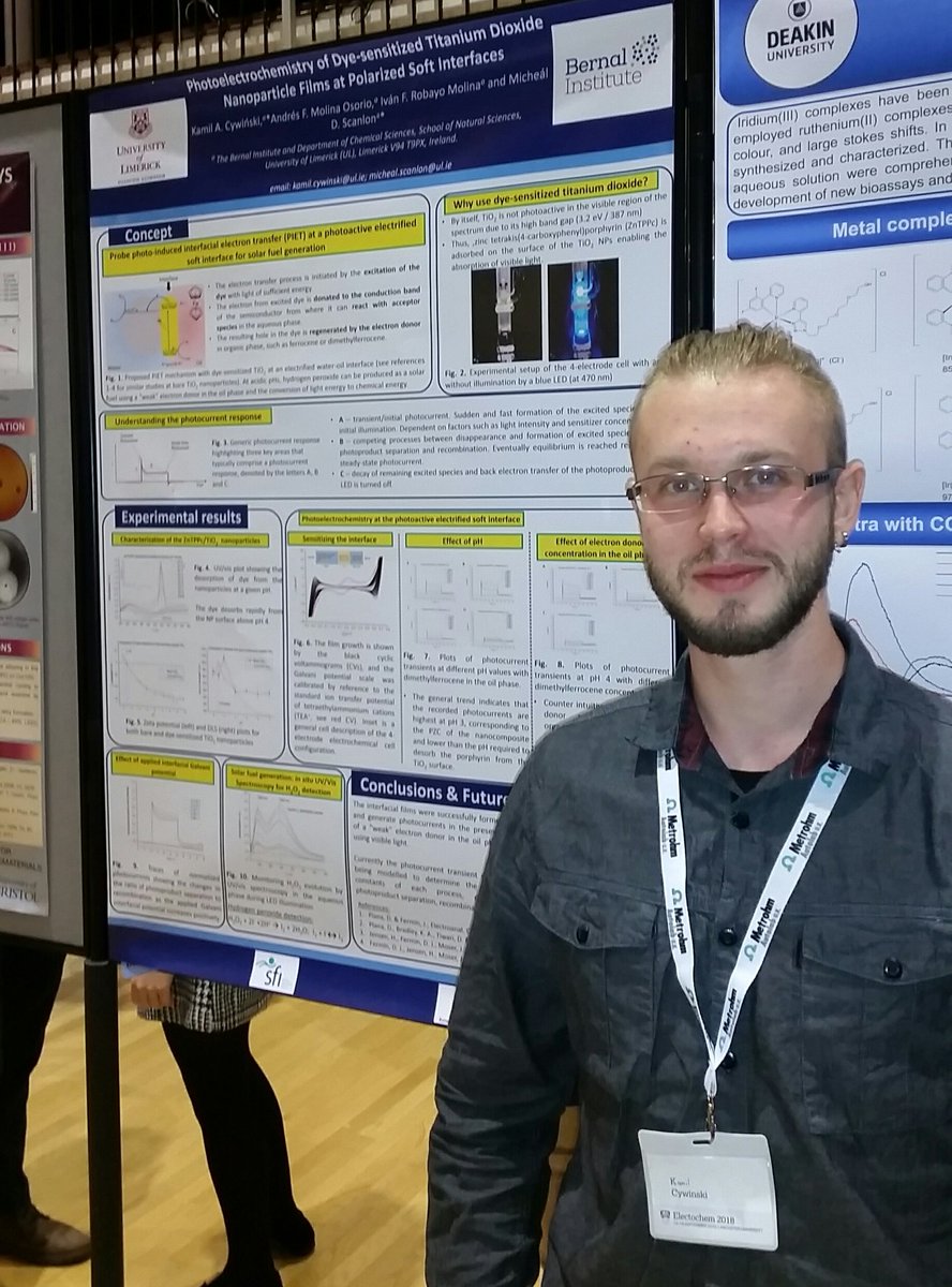 M_D_Scanlon's tweet image. Well done to @BernalNews and @ChemicalSciUL PhD students Ivan Robayo Molina &amp;amp; Kamil Cywinski on presenting their @ERC_Research funded research using #electrified #softinterfaces for #solarenergy conversion with posters at the @RSCElectrochem 2018 conference in @LancUniChem.