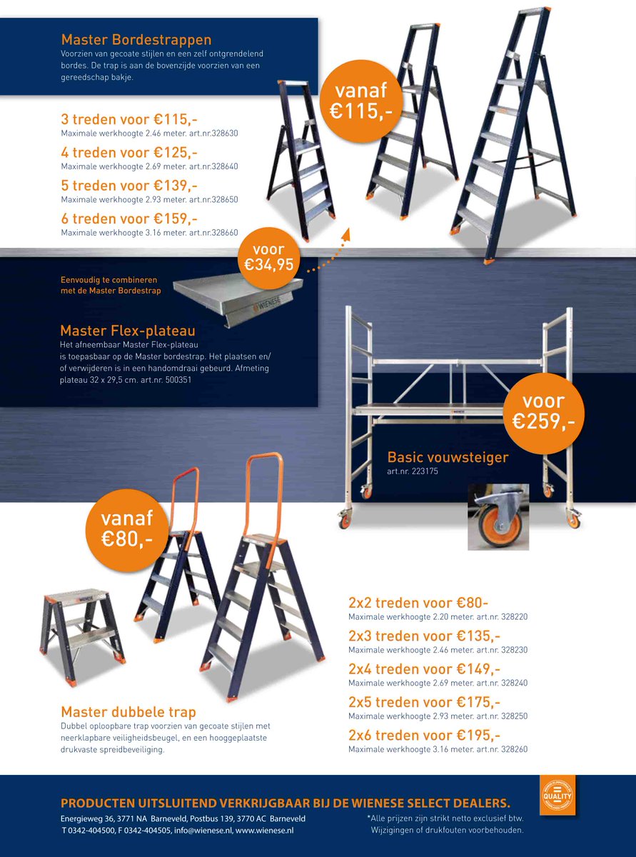Deze week is de #Wienese #Najaarsactie van start gegaan. Profiteer van de vele prachtige aanbiedingen. Daarnaast zijn we er wederom in geslaagd om een nieuwe innovatie terug te laten komen. Namelijk de snelste 1 persoons rolsteiger: De Expander ONE.
