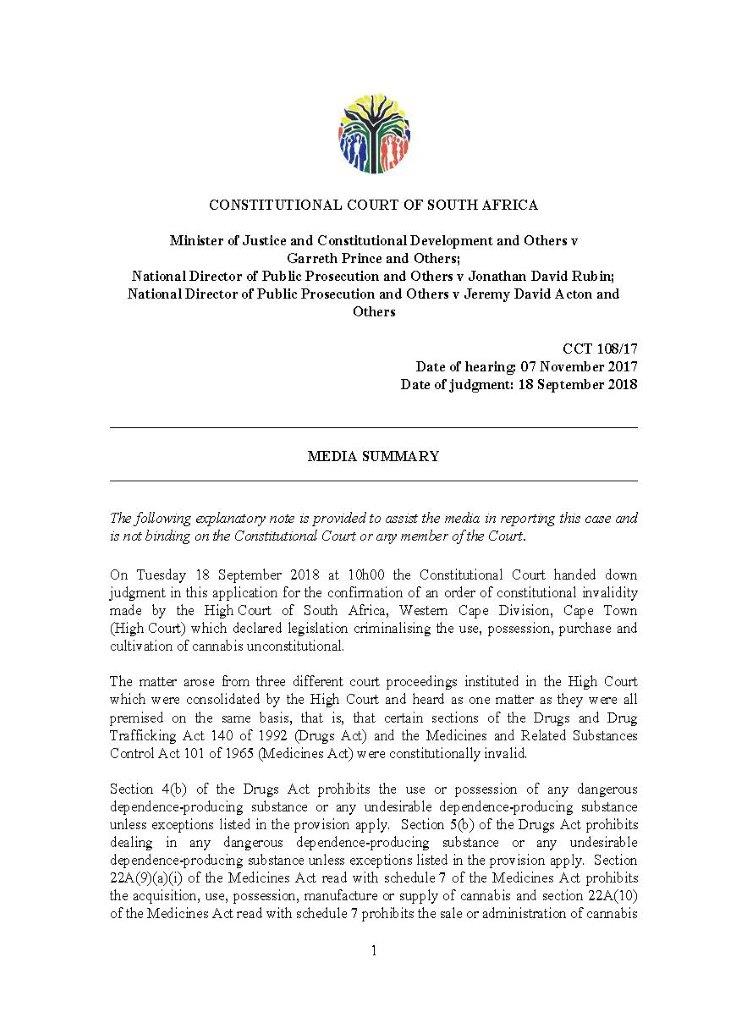 ConCourtSA's tweet photo. JUDGMENT: The criminal prohibition of possession, use or cultivation of cannabis by an adult person for personal consumption in private is an infringement of the right to privacy of an adult person and constitutionally invalid. (Minister of Justice v Prince) https://t.co/IwA35T4QE7