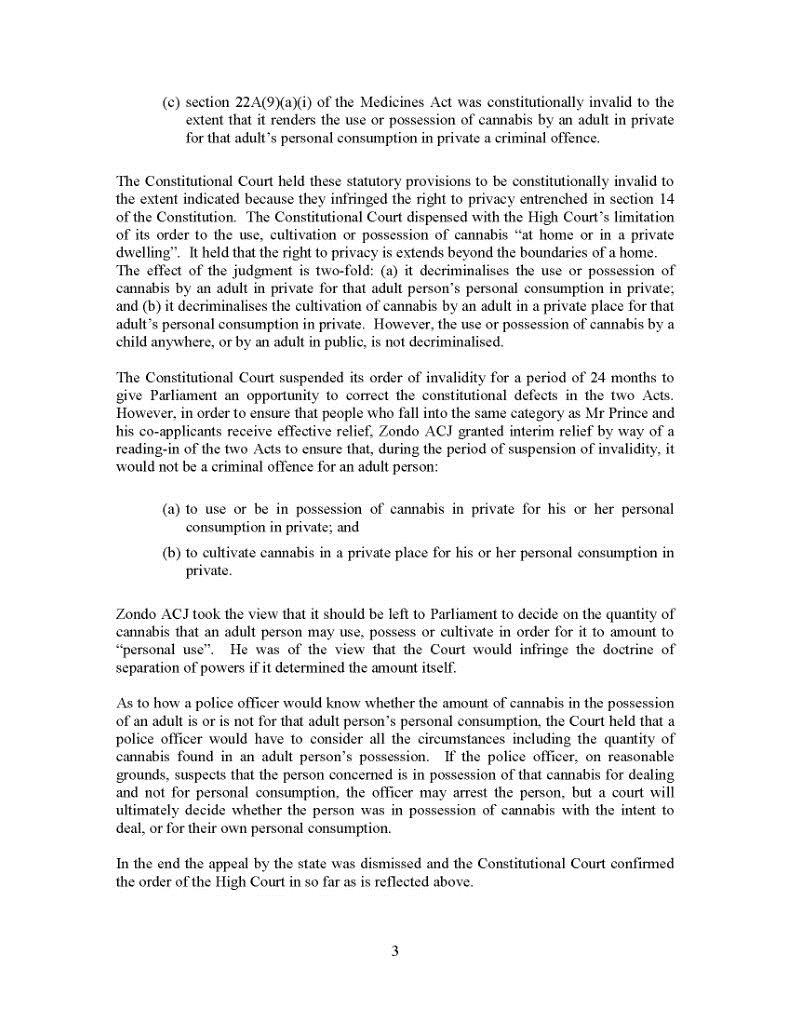 ConCourtSA's tweet photo. JUDGMENT: The criminal prohibition of possession, use or cultivation of cannabis by an adult person for personal consumption in private is an infringement of the right to privacy of an adult person and constitutionally invalid. (Minister of Justice v Prince) https://t.co/IwA35T4QE7