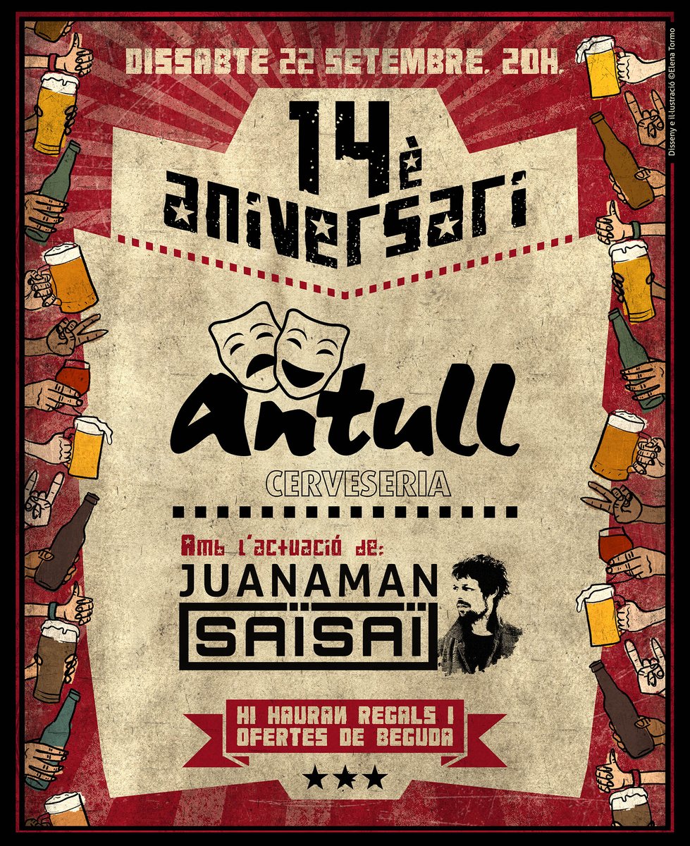 cerve_antull's tweet photo. Moltes Felicitats Penya!!😎 Fa ja catorze anys que l'Antull va començar la seua marxa i malgrat açò, ens sentim tan joves com en aquell moment.😅
Gràcies a cadascun/a de vosaltres, hui podem celebrar el nostre catorzé aniversari. Dissabte, 22/09 a les 20h🖌️ Cartell: Elena Tormo https://t.co/Btp3gVU5kH