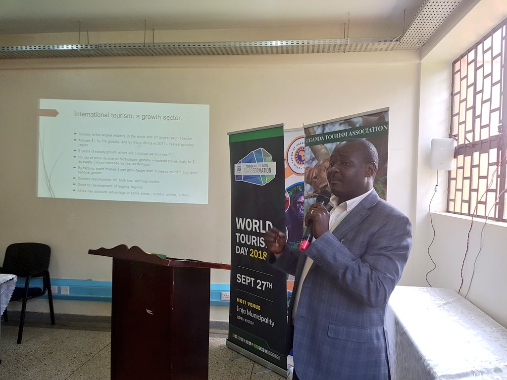 Prof. Wilber Ahebwa takes the students through the opportunities there are, in #tourism, esp. when they embrace #technology & #digital tools, with disruptive ideas similar to Uber, Safe Boda, Airbnb among others. #Smart #Youth Tourism Conference at MUBS. #WTD2018 #WTDUG2018