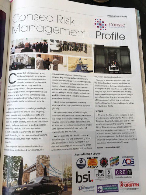 ConsecRisk's tweet image. Check out the latest edition of Platinum Business Magazine,  International Trade Issue. We are very excited to be featured on page  61. Have a read, we&apos;d love to know your thoughts. 🤓📖 #Brighton #London #Security