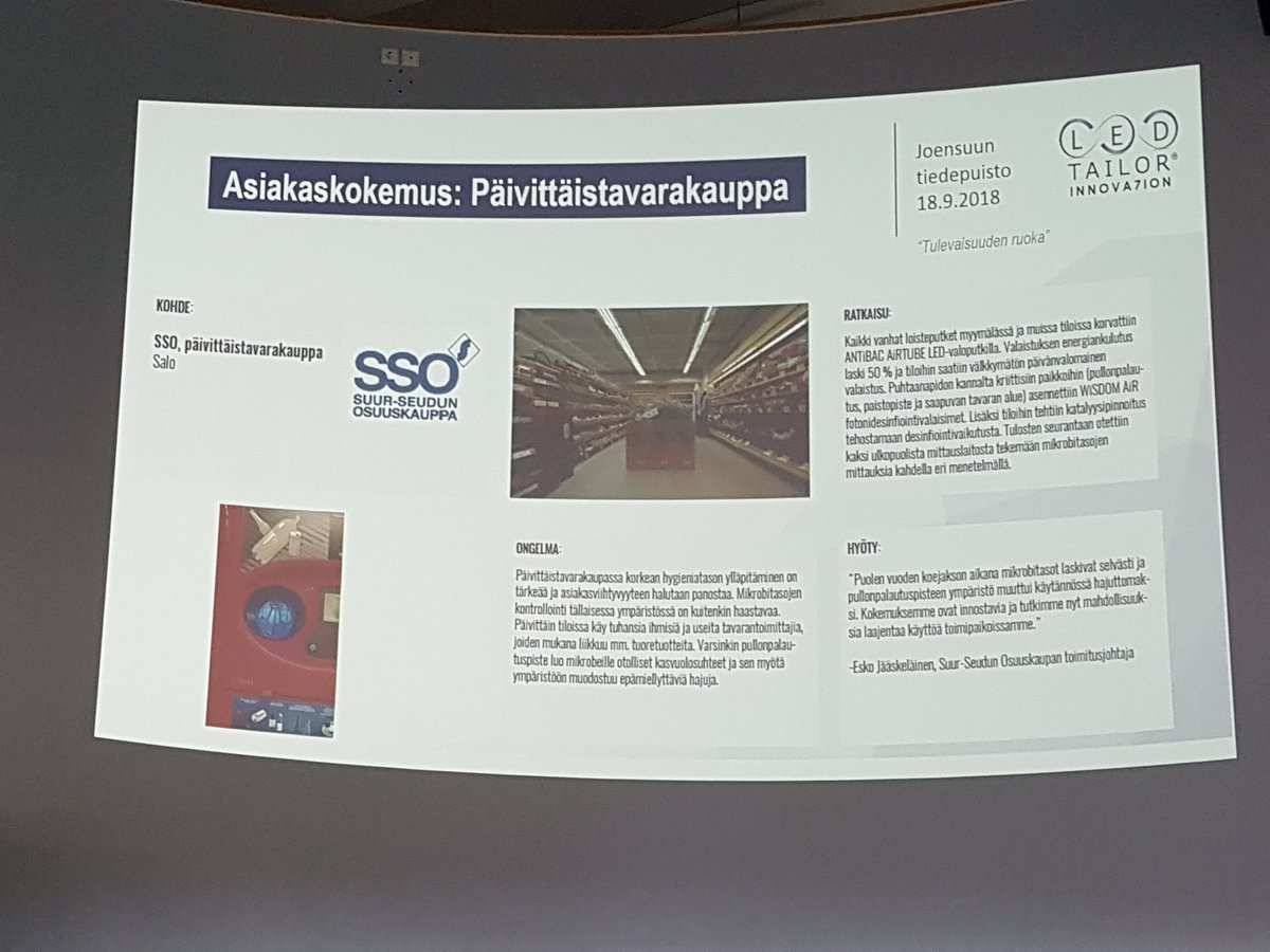 Ongelma: päivittäistavarakaupan mikrobitasojen kontrollointi mm. pullonpalautusautomaatilla. Ratkaisu: loisteputket vaihdettiin Antiback airtube led -valaisimiin, ja tehtiin erikoispinnoitteita <a href="/CamillaHoglund/">Camilla Höglund</a> @LEDTAILOR #fotoniikka