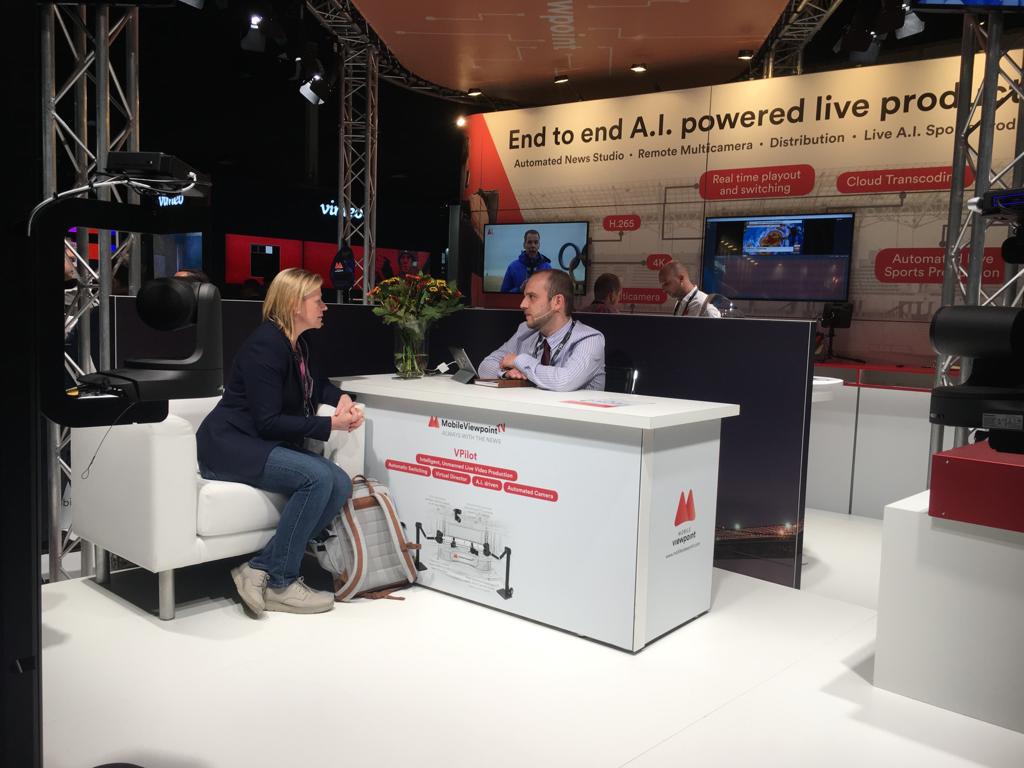 MobileViewpoint's tweet photo. Many customers and relations came by to experience our fully #automated #AIdriven #NewsPilot set by themselves. Want to see it for yourself? #14F24 Hurry, its the last day of #IBC2018! https://t.co/08StZjrqfL