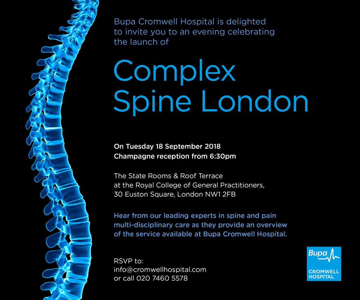 Hi <a href="/PhysioBespoke/">Bespoke Physio</a> , our Complex Spine launch event takes place today at <a href="/rcgp/">Royal College of General Practitioners</a> @30EustonSquare . Network with <a href="/ComplexSpineLDN/">Complex Spine London</a> consultants, our Leadership Team, GPs &amp; Physios. Champagne, canapés &amp; bowl food served from 6.30pm in the state rooms &amp; roof garden terrace! RSVP now!