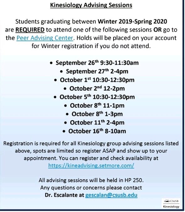Calling all KINE Majors graduating between Winter 2019-Spring 2020, see flyer to avoid holds on your account for Winter registration.