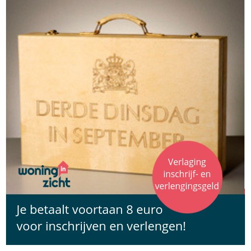 Per 1 oktober 2018 verlaagt Woning in Zicht het inschrijf- en verlengingsgeld. Inschrijven en verlengen kosten € 8,- (was € 13,- inschrijven en € 11,- verlengen). Lees het persbericht en veelgestelde vragen op woninginzicht.nl/nieuws/bericht…