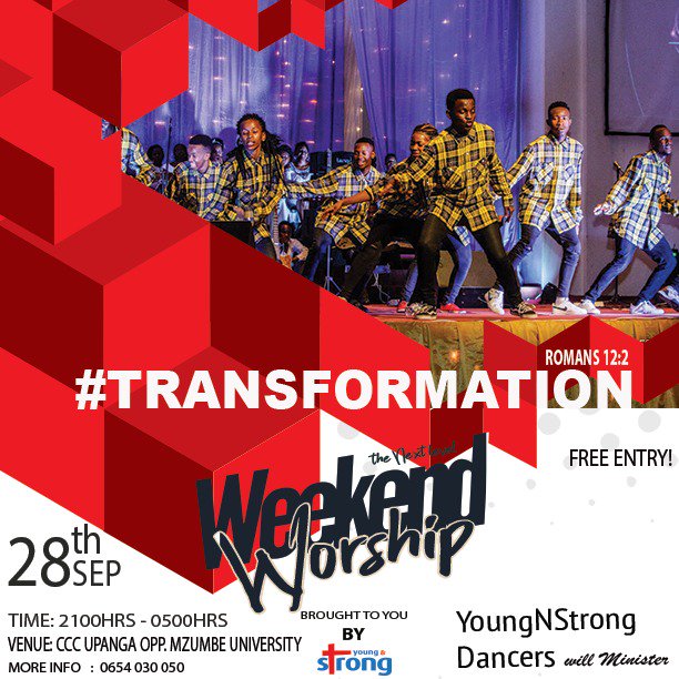 The_Gwandumi's tweet photo. Hello Guys ! Just wanna tell all'ya that Welcome to #Transformation
#weekendworship
#thenextleveltz
#youngnstrongtz
28th September 2018 Last Friday of the Month!
Do not be Patterned to this world but #Transformed by the renewal of Mind!
cc/ @thenextleveltz @youngnstrongtz https://t.co/KHGUZYpmvG