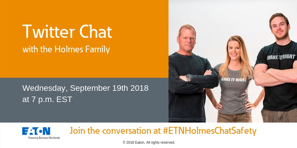 StacieConnerty's tweet photo. Join us for the #ETNHolmesChatSafety Twitter Chat 9.19.2018 7pm EST with Mike Holmes &amp; family plus @ETN_Electrical as we talk home safety! #ad RSVP here: https://t.co/7NlwvgSbtu ~ GIving away fun prize packs &amp; more! #TwitterChat #TwitterParty #TweetChat https://t.co/LdSRDFhgyH