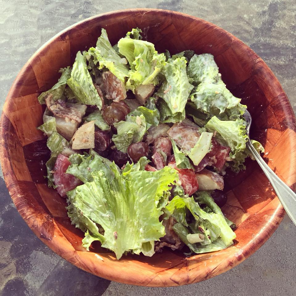 Summer’s bounty - a BLT style #salad w/ roasted potatoes, lettuce, bacon, tomatoes, grapes, &amp; a version of buttermilk ranch dressing homemade w/ Greek yogurt!! 
This was sinfully #delicious to the point it was hard to believe it fits into my meal plan - but it does! #yum #healthy