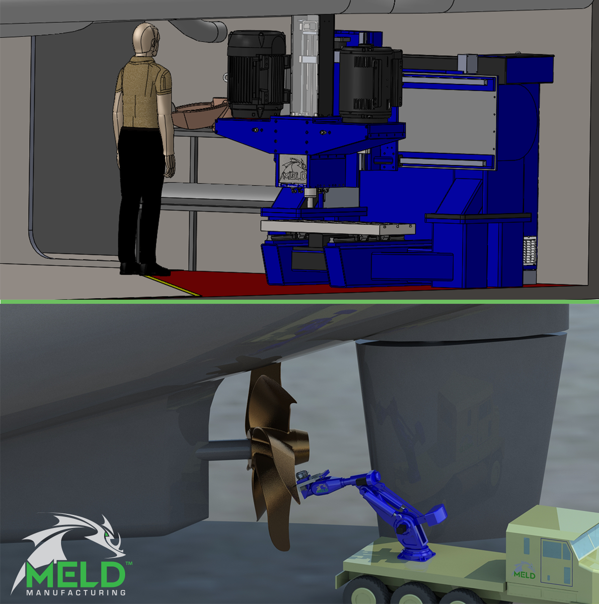 MELDMfg's tweet photo. Whether operating in the machine shop of a Naval vessel making critical components or attached to a mobile platform to perform repair and overhaul activities, MELD is capable of fabricating, maintaining, and improving the fleet. Learn more at https://t.co/sRHMSIXnhl. #MELD #Navy https://t.co/oxxVNkmO5d