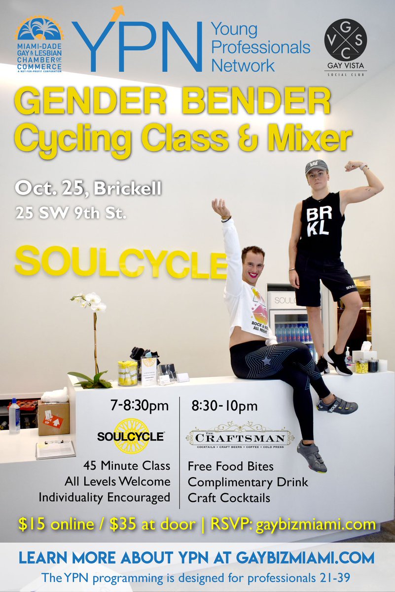 MDGLCC's tweet photo. Gender Bender SoulCycle & Social Mixer for Young Professionals Oct 25th 7-10 in Brickell #SoulCycleBRKL @soulcycle #genderbender #mdglcc #youngprofessionals https://t.co/MVwYA5zm30 https://t.co/e6h979lnVm