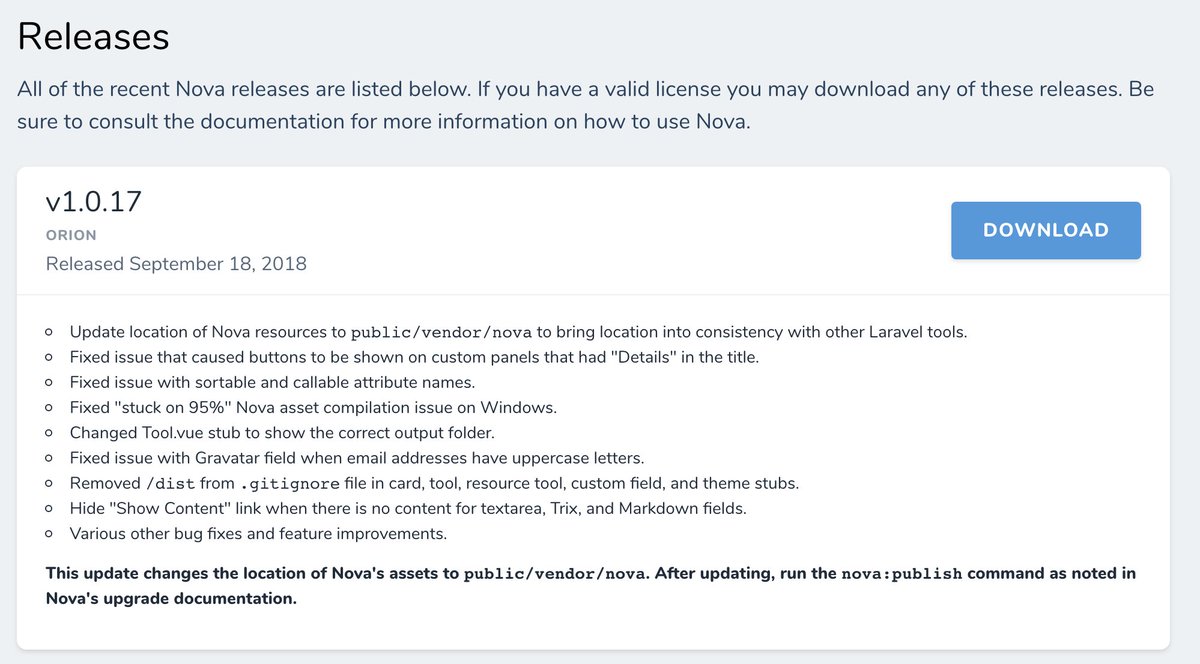 laravelphp's tweet image. Nova 1.0.17 has been released with a variety of bug fixes and tweaks! Enjoy and don’t forget to read the release notes! 👩‍🚀 nova.laravel.com