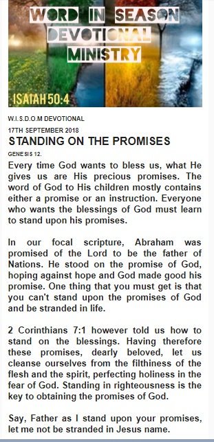 rccgwisdomplace's tweet photo. Standing on the Promises #wisdomdevotional #promises https://t.co/F5Ha4WM47n