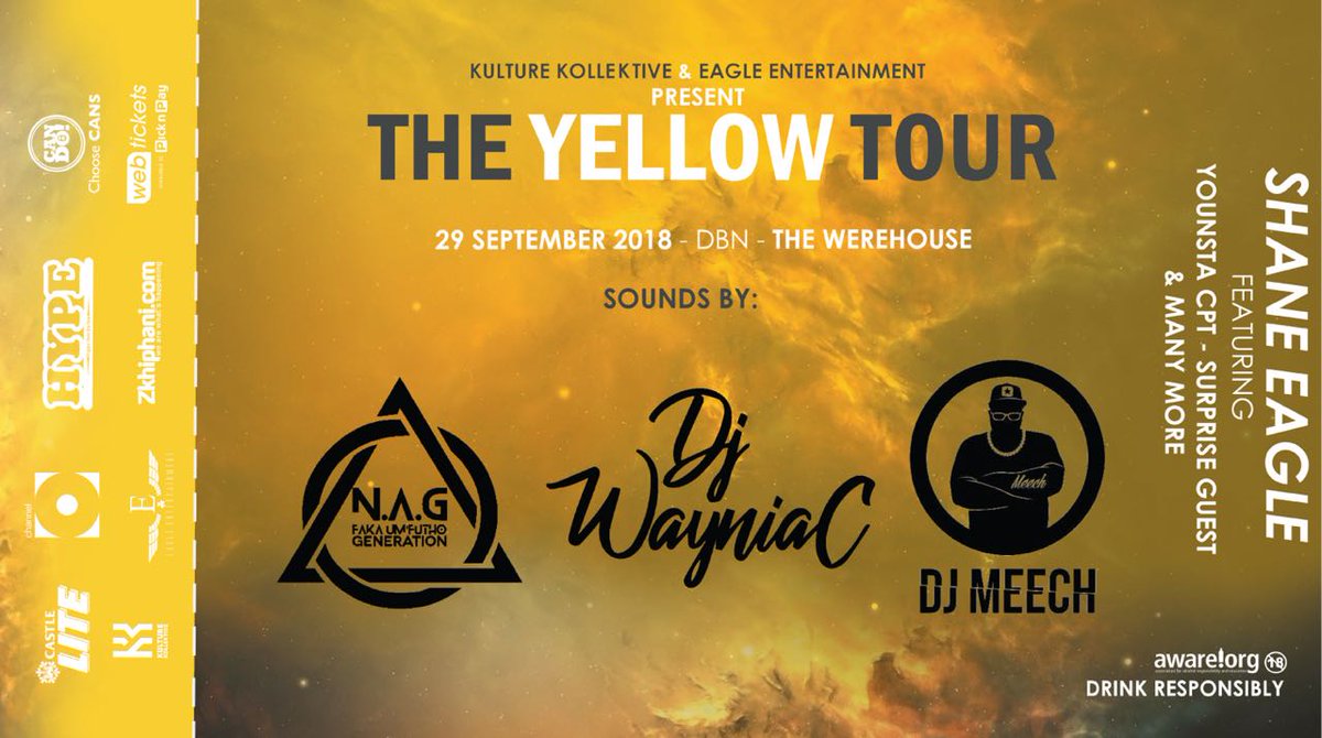 FionaBlaze_'s tweet photo. Durban Get Ready‼ 🚨🚨
29th of September #theyellowtour with @ShaneEagle  ft @YoungstaCpt will be @thewerehouse at 7pm 🌕 

Get your tickets at: https://t.co/a5GP55VP2g or any Pick n Pay Nationwide #theyellowtour #theyellowtourdurban

Alongside
@djmeechsa 
@NAG_ZA 
@Wayniac_SA https://t.co/cb7yeIEFWn