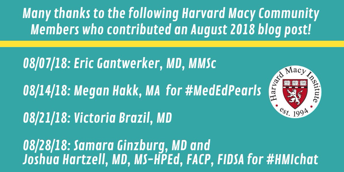 HarvardMacy's tweet image. Our community blog is only as strong as those who write with us each month. Our August authors include @DrEricGant @MeganHaak @SocraticEM @samara_ginzburg and @joshuadhartzell. #AcMed #MedEd #HPE #HMIchat check out the posts here: bit.ly/1RKAGf2