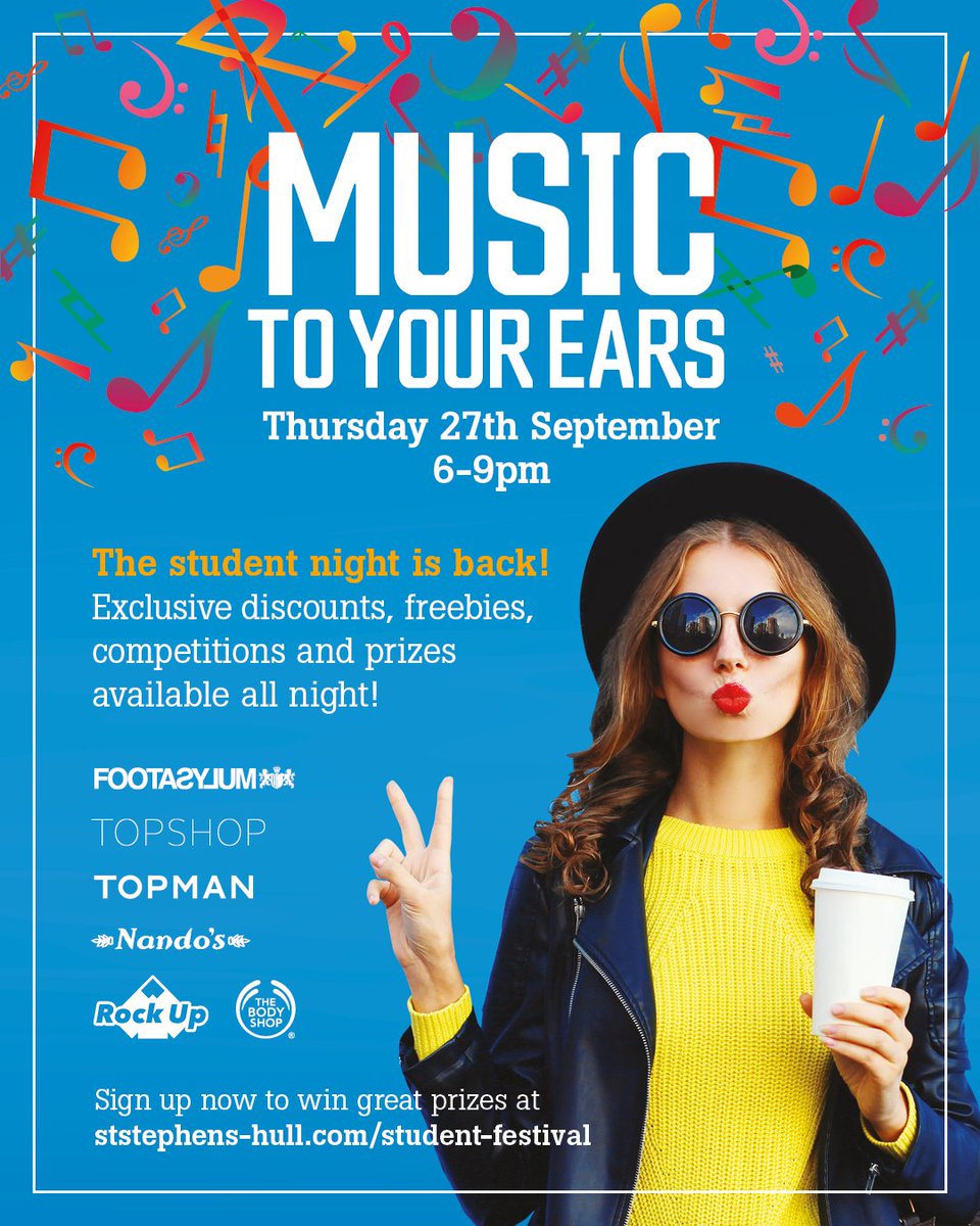 HitsEYorksNews's tweet photo. Grab your student ID & go to @Ststephenshull #StudentInvasion – the HUGE Student Discount Night on Thu 27th Sep for exclusive discounts, prizes & festival entertainment! Come down between 6-9pm. Find out more and pre-register here: https://t.co/TfBPMahuxL #Hull https://t.co/9WUUxRx6x2