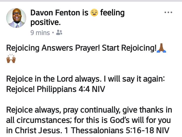 DavonFenton's tweet photo. Rejoicing Answers Prayer! Start Rejoicing!🙏🏾🙌🏾
#rejoice #praisehiminadvance #prayandpraise #dontwaituntilthebattleisover #shoutnow https://t.co/hDODD3KDxZ