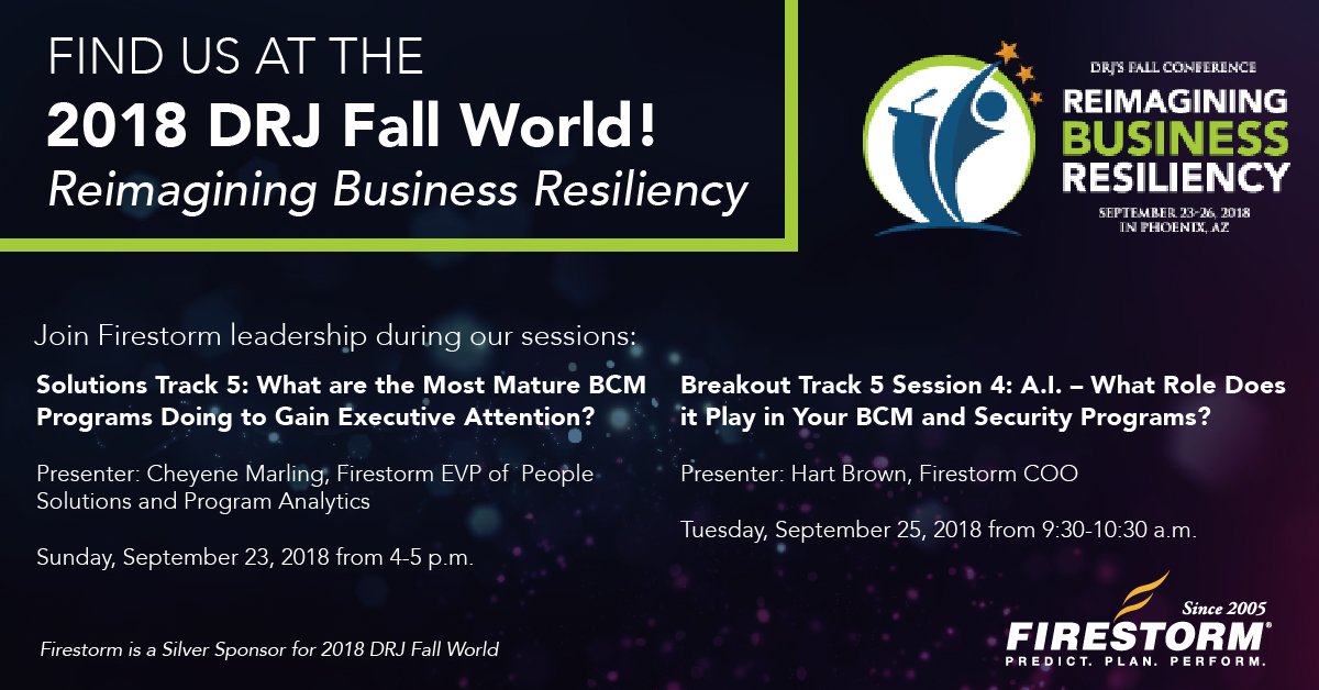 FirestormSol's tweet photo. We're heading to Phoenix Sep 23-26! Meet the Firestorm team at booth 601 at the #DRJFall World. Bring your #crisis plans for a no-fee review. #DRJFallWorld
@drjournal https://t.co/wnuLjfi4rF
