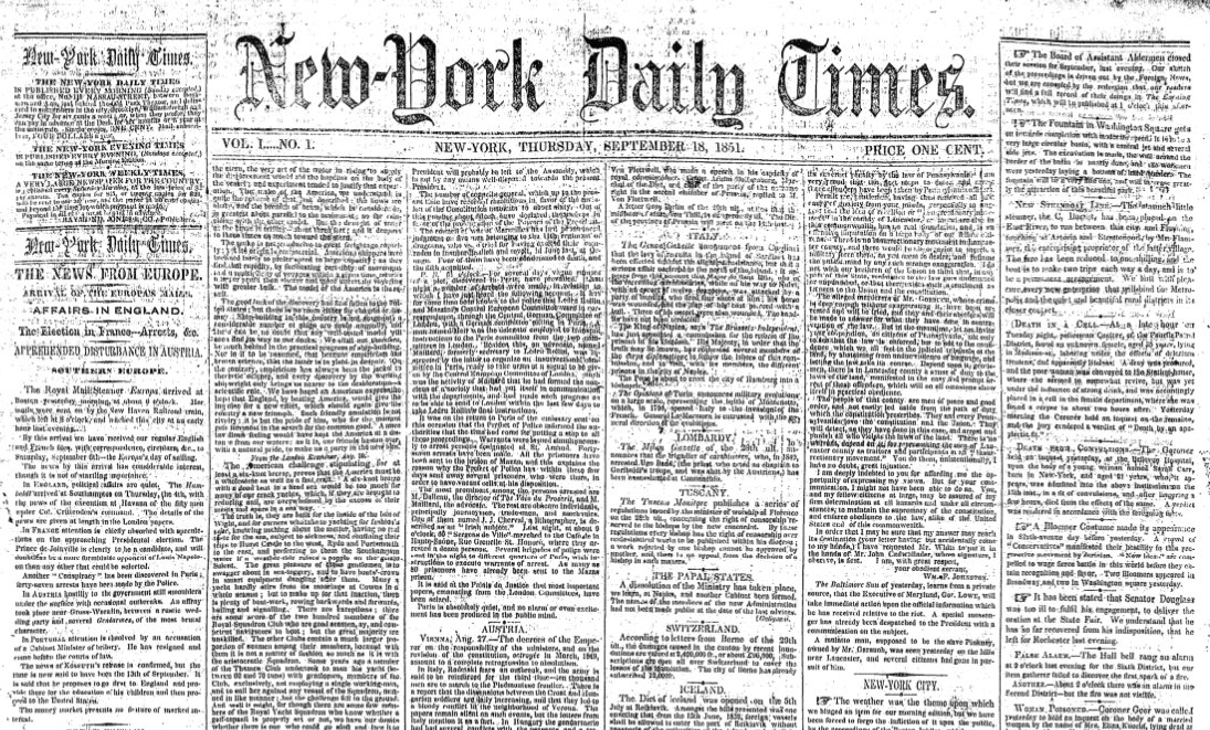 Nyt Archives On Twitter The New York Times Turns 167 Today Take A Look At The First Edition Of The New York Daily Times Which Was Published On This Day In 1851
