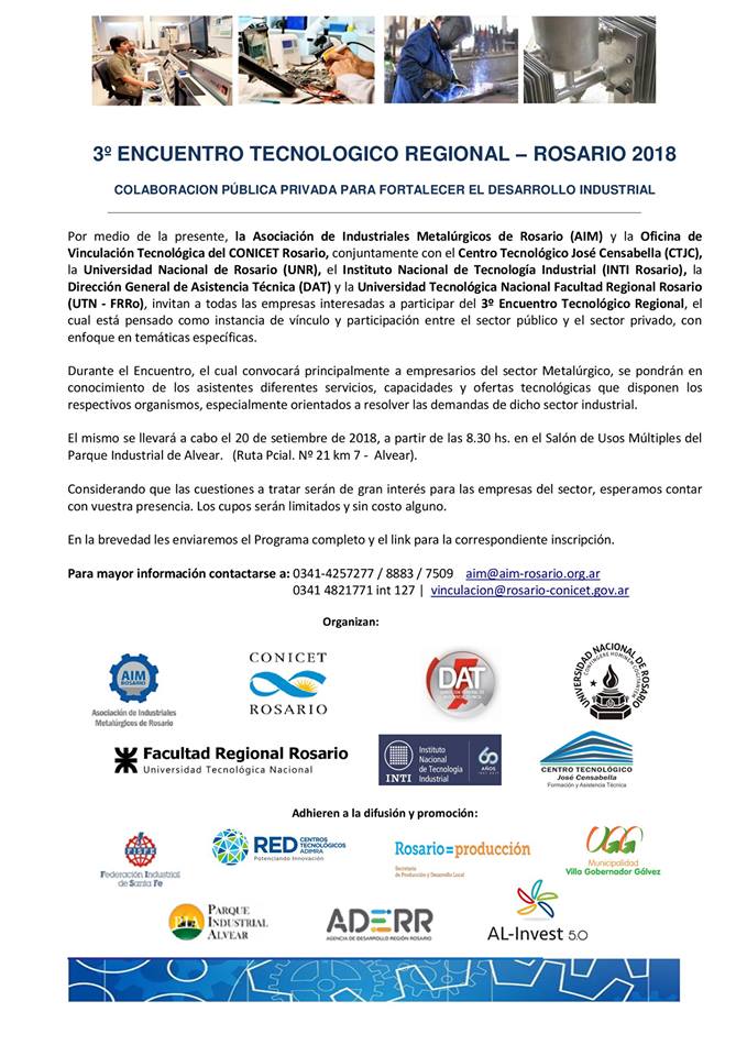 3er ENCUENTRO TECNOLÓGICO REGIONAL 2018 
Acreditaciones de empresas e instituciones web2.rosario-conicet.gov.ar/CCT/entec/
Programa: cloud.rosario-conicet.gov.ar/s/t4zw15f6mzOY…