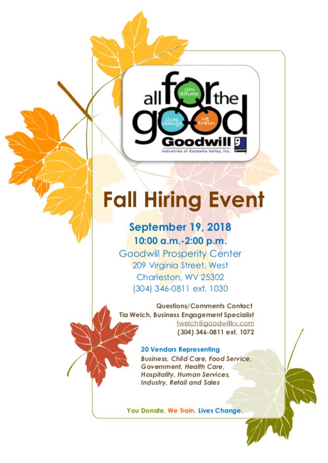 GoodwillSummit's tweet photo. #HiringEvent join #Goodwillkv and 20+ employers TOMORROW @ the Fall Hiring Event!  See you there! https://t.co/GELXQb4J9v