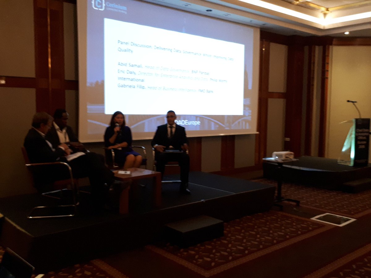 CoriniumGlobal's tweet photo. How to deliver #data governance whilst improving data quality - great panel with @BNPParibas Philip Morris and FMO Bank at #CDAOEurope https://t.co/1keCbyXEWV