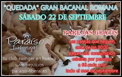 " QUEDADA" GRAN BACANAL ROMANA SÁBADO 22 DE SEPTIEMBRE
mas en nuestra pagina web: paraíso-liberal.es