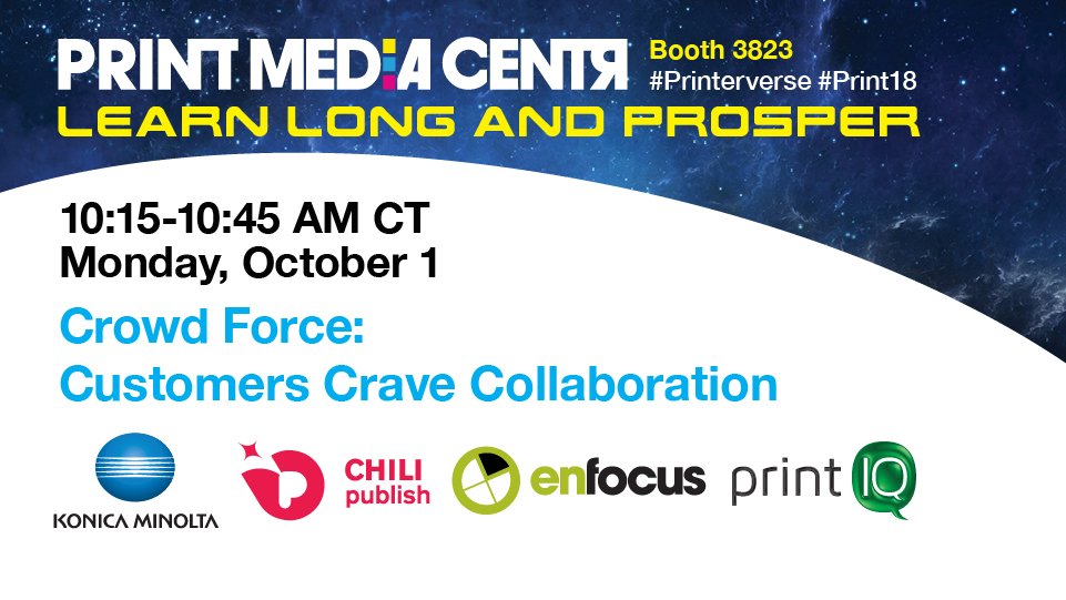PrintPros's tweet photo. Learn about the products and services that help print shops collaborate with print customers from @KonicaMinoltaUS @EnfocusSW @printIQglobal @CHILI_publish at this panel in the #Printerverse at #PRINT18. https://t.co/qPB8jzrbr0 https://t.co/Pid9UmpZse