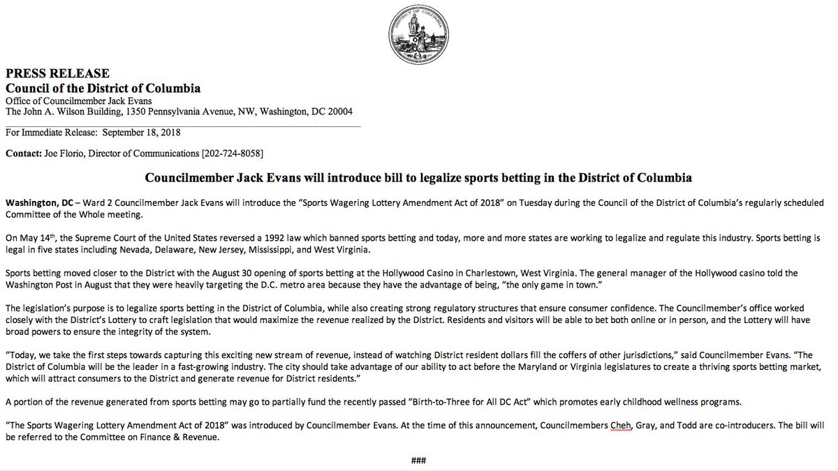 JackEvansWard2's tweet photo. Today I will introduce the "Sports Wagering Lottery Amendment Act of 2018" during the Council's Committee of the Whole meeting. The legislation's purpose is to legalize sports betting in D.C. while creating strong regulatory structures that ensure consumer confidence. https://t.co/zi4UBV4fvC