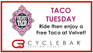 CBPrestonForest's tweet photo. Today is @VelvetTaco Tuesday. That means it's a good day to ride and get Free Tacos. Sign up for either evening class at 6:00PM and 7:30 PM and all riders will receive a Free Taco card so you can enjoy tacos and margaritas at Velvet. Sign up now: https://t.co/08oQIKhF8U https://t.co/ocUzxfepn2