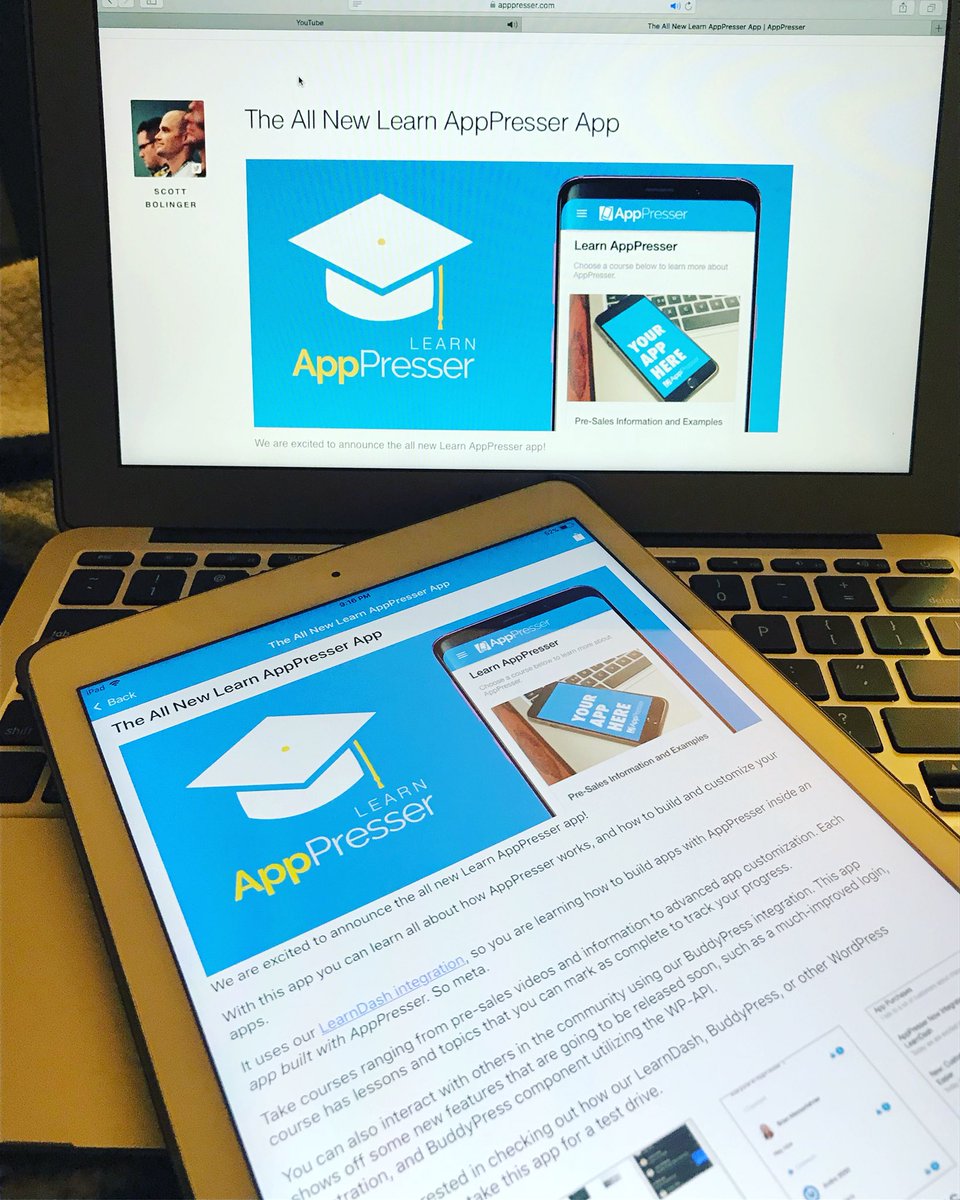 apppresser's tweet photo. With the all new Learn AppPresser app, you can interact with others in the #WordPress community, Learn how #AppPresser works, take #courses, and learn how to build and customize your apps. Download it now in the #app stores! 💻📲 https://t.co/1PYsnxdkhQ