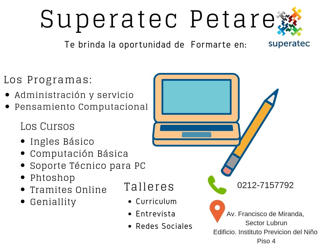 ingridflorez's tweet photo. Superatec Petare, inicia su proceso de promoción para los cursos en la sede del Instituto de Previsión del niño y Fundación Bigott. Te esperamos @superatec https://t.co/wssUlOhSvd