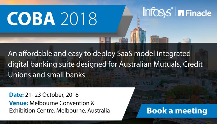 Finacle's tweet photo. Meet us at #COBA2018 &amp; learn how your #bank can leverage our #Australia proven, #SaaS based #DigitalBanking suite on a highly secure #cloud for rapid #DigitalTransformation. https://t.co/06wPcrclVy

#Digital #Banking #CreditUnions #AustralianMutuals #COBA #Fintech https://t.co/NOIYPiqP6a