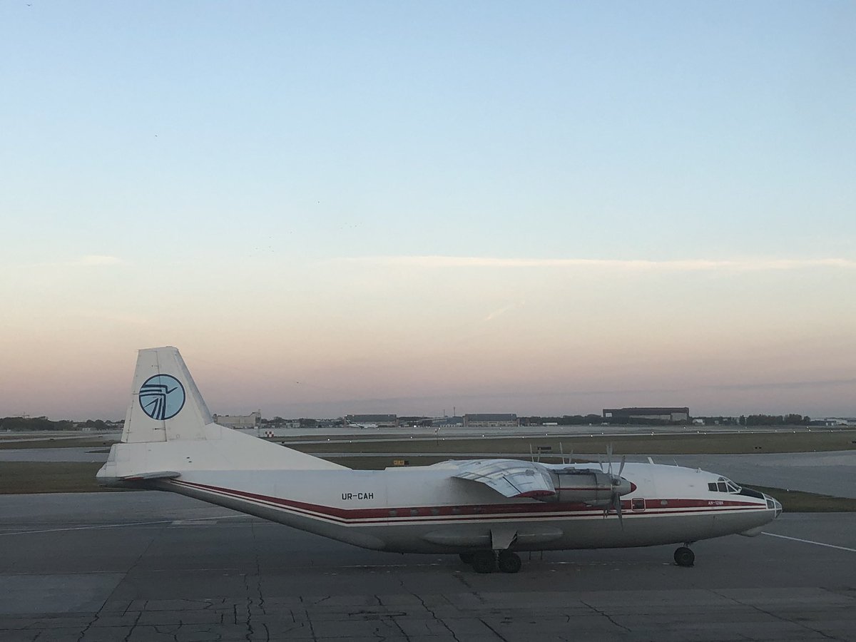 RoderLorne's tweet image. Look what’s outside my window this morning...  An Antonov model AN-12BK, (call sign UR-CAH) arrived last night.  This is a Ukrainian made equivalent to a Hercules C-130 transport.  But this one was built in 1968.  Yeowzer! @HistoryoFlight @RoderLorne  @mbaerospace