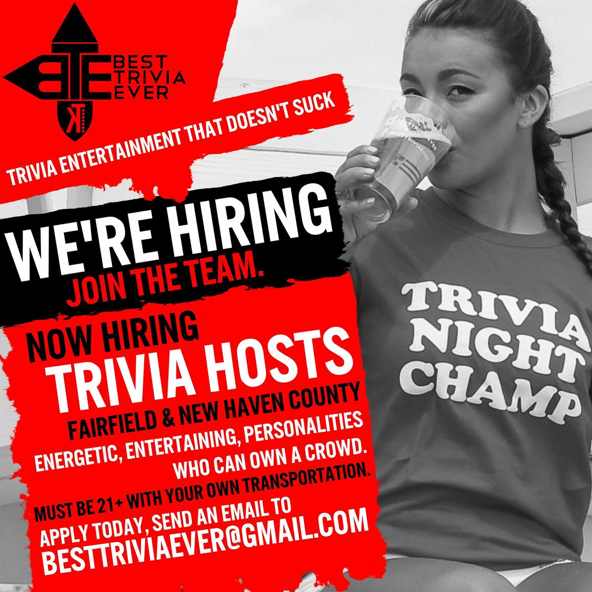 Pumped to announce that Best Trivia Ever is now taking applications for Trivia Hosts in Fairfield and New Haven County.

If you are (or know of) an energetic, engaging individual who want to make some cash in a super-fun environment, shoot an email to besttriviaever@gmail.com.