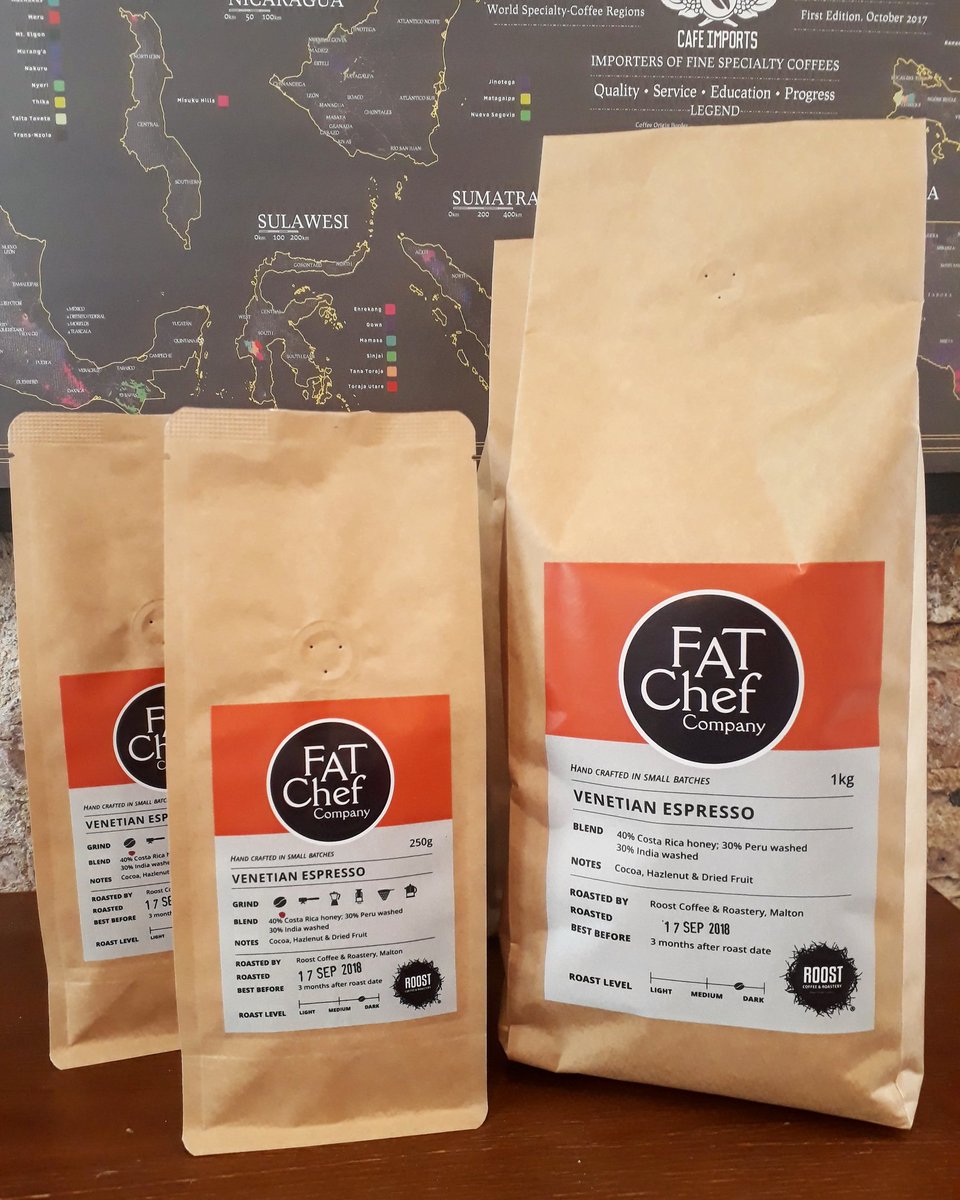 Roost_Coffee's tweet photo. The NEW @FatChefCo Venetian Espresso, exclusive to #LaTrattoriaHelmsley &amp; @pizzeriamalton. 250g retail bags will also be available to purchase from both restaurants soon, so you can drink it at home! 👍☕ #fatchef #roostcoffee #locallyroasted #madeinmalton #coffeelovers https://t.co/RaoFY4cYVt