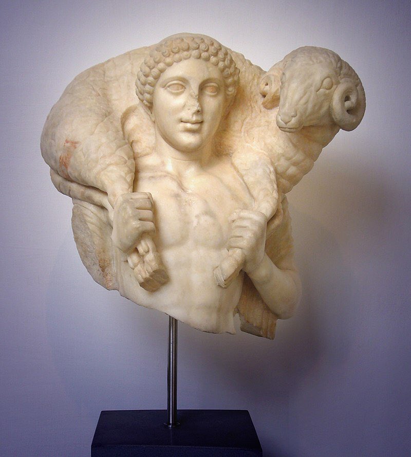reimagneaux's tweet photo. Harry Styles carrying a lamb on his shoulders for a Gucci campaign, 2018 / Late Roman marble copy of the Kriophoros of Kalamis (Museo Barracco, Rome) https://t.co/p6r945U425
