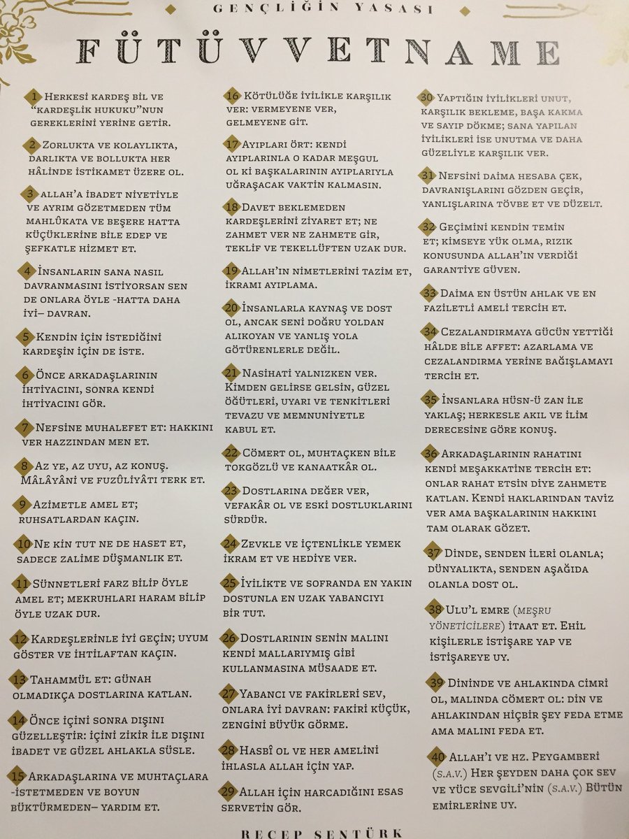 Fütüvvet; gençlik, yiğitlik,cömertlik demektir. Gençliğin Yasası olan Fütüvvetname temel ilkelerimiz olmalı. <a href="/gencmemursen/">Genç Memur-Sen</a> teşkilatlarımızın temel yasasıdır. Teşekkürler <a href="/senturkrecep/">Recep Şentürk</a> hocam.