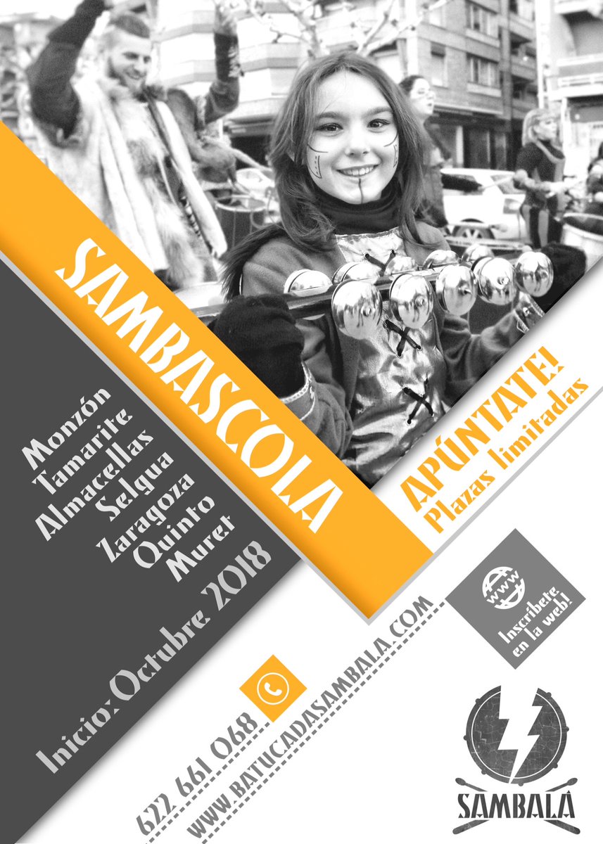 Siguen abiertas las inscripciones para nuestra #SambaScola. No te quedes sin tu plaza. Apúntate en nuestra web. Varias sedes disponibles. Vive la Batucada desde dentro con esta gran familia que es #Sambalá