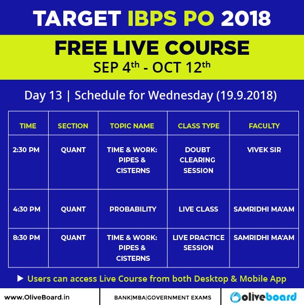 Oliveboard's tweet photo. IBPS PO 2018 | Day 13: Tomorrow's(Wednesday) Live Course Schedule. #LearnWithOliveboard

Click here to Start Learning for FREE: https://t.co/Fv43m2CdBc

#LiveCourse #IBPSPO #IBPSPO2018 #Oliveboard #Schedule https://t.co/7Ob27KYTrP