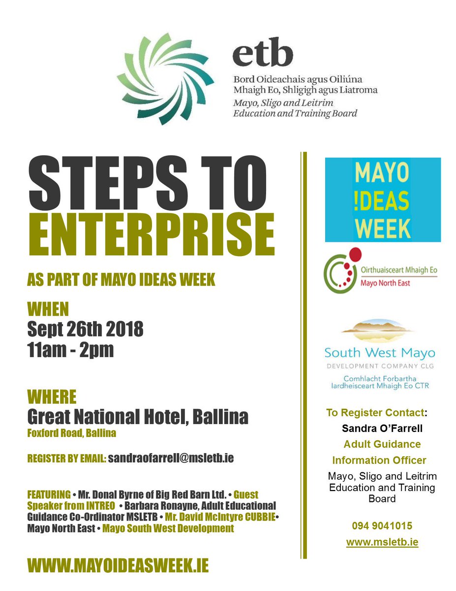 MayoGuidance's tweet photo. #MayoIdeasWeek #StepsToEnterprise Great event for those interested in starting their own business but unsure where to start #MSLETB #AdultGuidance @msletbsage https://t.co/K0W5blv7Ns