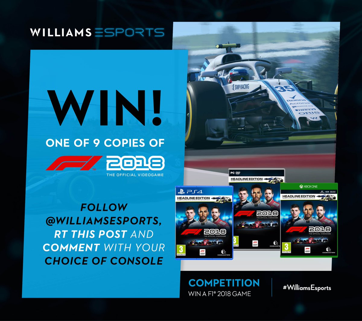 WilliamsF1TG's tweet photo. 🚨 COMPETITION TIME! 🚨

📲 Follow @williamsesports 
🔄 RT this post
🗣️ Comment with your console

#williamsesports #simracing #esports #giveaway https://t.co/Qs5eRGn1Vz