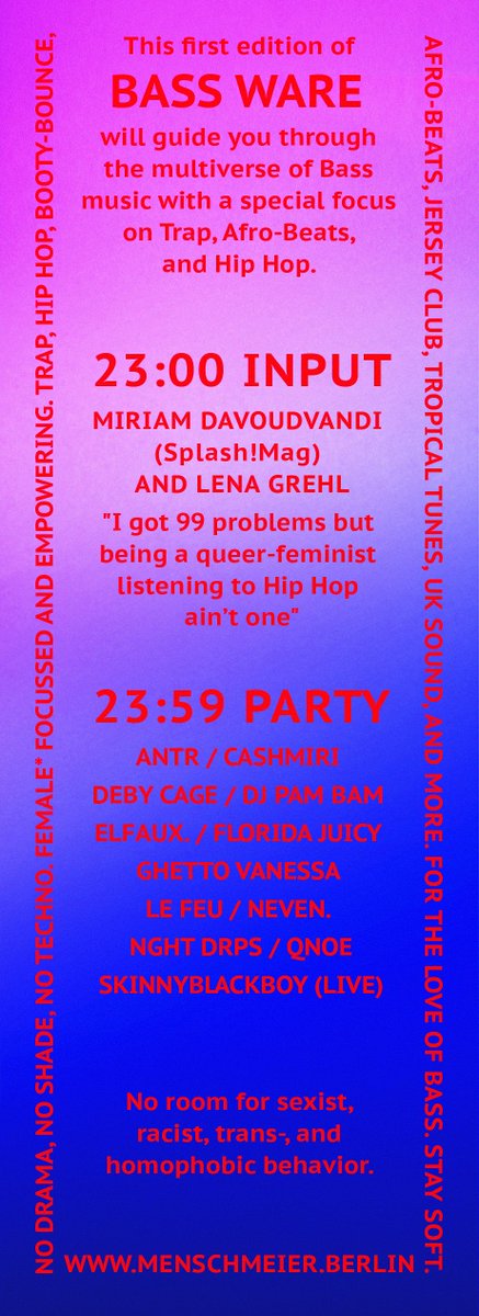 ok sorry fürs nerven aber am 06.10. spiele ich im mensch meier und halte vorher zusammen mit <a href="/fuckault/">Lena</a> einen vortrag mit DEM SEHR PROVOKANTEN TITEL "i got 99 problems but being a queer-feminist listening to hiphop aint one"😱😤