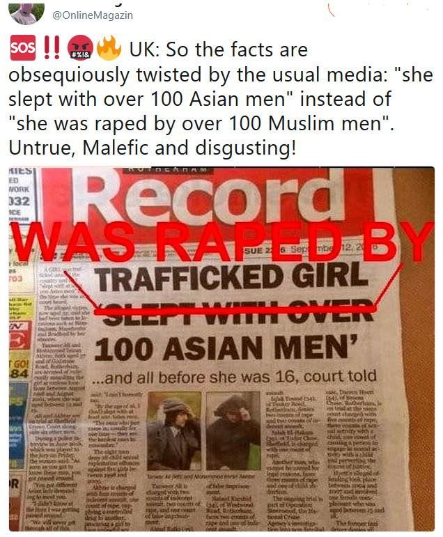 BadIdeasVs's tweet photo. British girl (Child) raped by 100 Muslims. Lying UK media headline? "Girl slept with 100 ASIAN Men.  #undocumentedlovemaking 

#FcUKed https://t.co/bY6PibSzc3