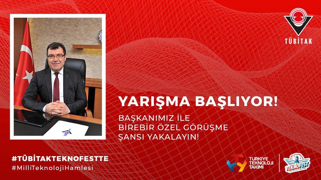 Bu paylaşımı retweet edenler arasından 3 şanslı bilimsever, TÜBİTAK Başkanımız Prof. Dr. Hasan Mandal ile birebir özel görüşme yapacak!

#TÜBİTAKTeknofestte #MilliTeknolojiHamlesi #TÜBİTAK